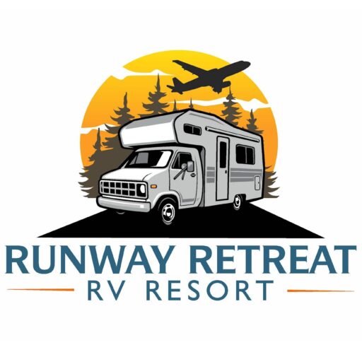 Logo for "Runway Retreat RV Resort" featuring an RV in front of pine trees and a setting sun, with an airplane flying above. The resort name is written below in bold blue and orange letters.