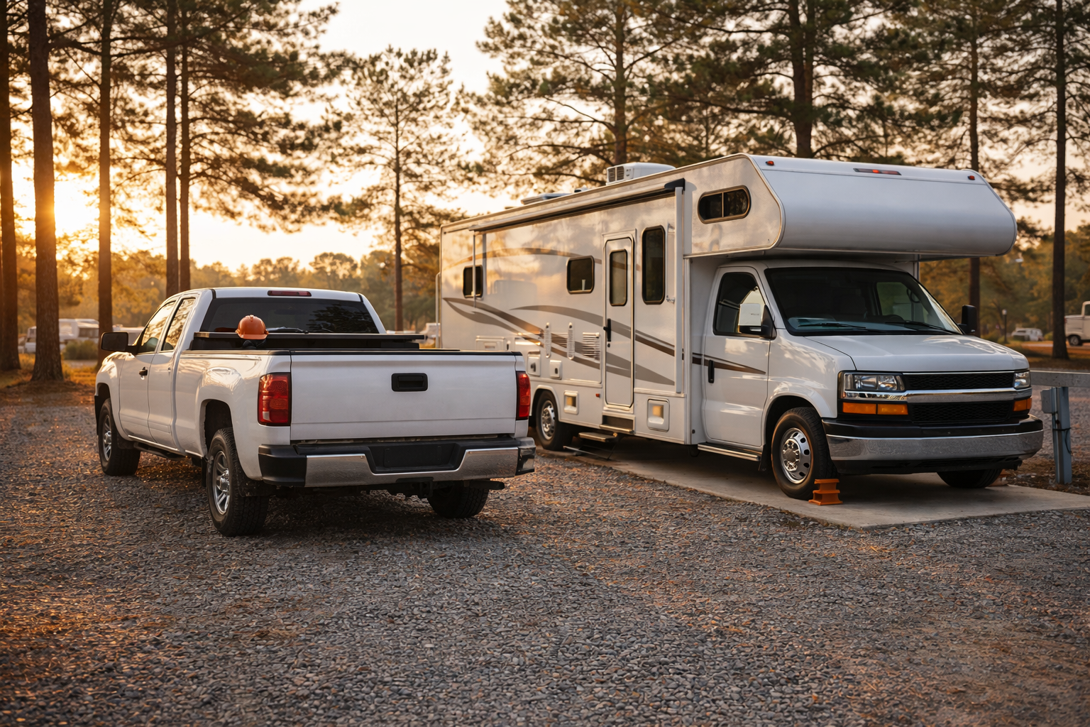 A white pickup truck is parked next to a white RV in a gravel lot surrounded by tall pine trees at sunset, with warm sunlight filtering through the trees in the background.