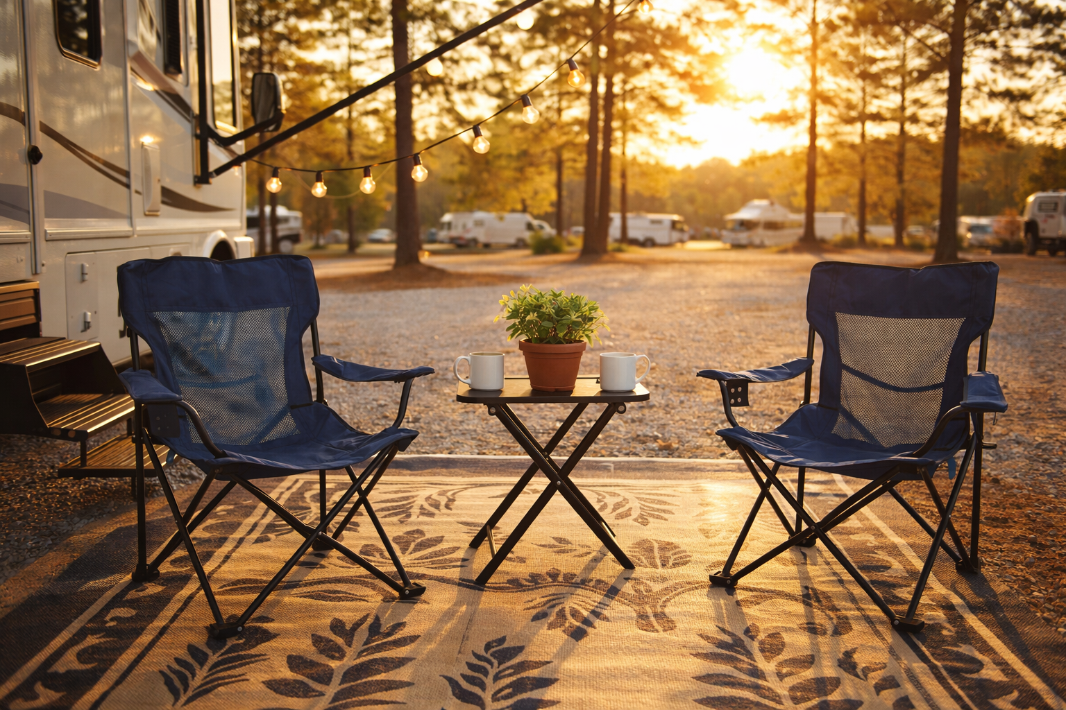 Two blue camping chairs and a small table with coffee mugs and a potted plant are set up on a patterned rug outside an RV at a campsite, with string lights and trees visible at sunset.