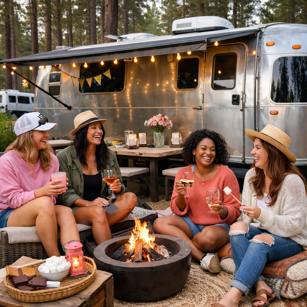 Four women sit around a campfire, smiling and holding drinks, in front of a silver camper decorated with string lights. Camping and marshmallow supplies are on the table beside them. Tall trees are visible in the background.