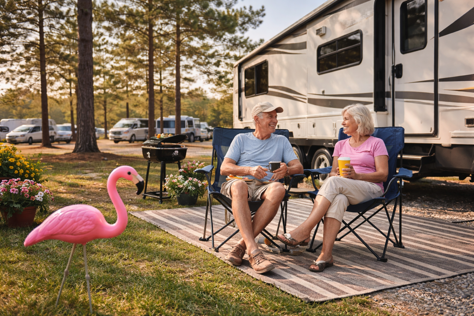 An older couple sits in camping chairs outside their RV, smiling and drinking from mugs. They are surrounded by trees, flowers, a pink flamingo lawn ornament, and a grill in a sunny campground.